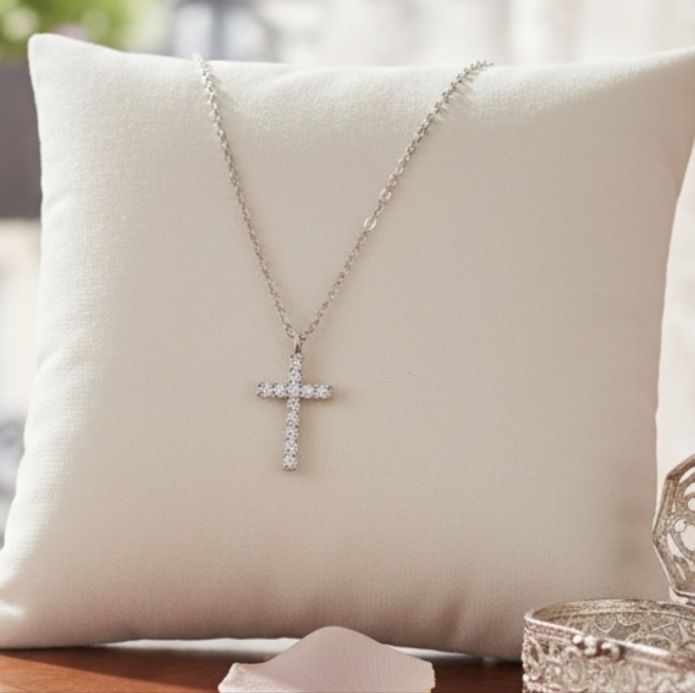 Elegant Silver And Zirconia Cross Pendant Necklace